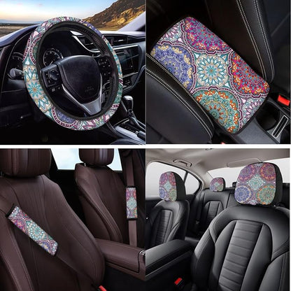 14 Pcs Art Mandala Car Seat Covers Full Set with Steering Wheel Cover,Seat Belt Covers Cup Holder Center Console with Keychain Universal Fit Interior Accessories for SUV Truck
