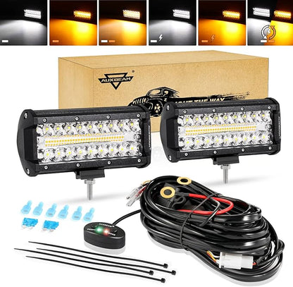 Auxbeam 7 Inch LED Light Bar, 300W 6 Modes Amber White Offroad Lighting, LED Driving Spot Work Light Pod with Wiring Harness for Trucks Car Pickup ATV Jeep Boat Golf Cart(Pack of 2)