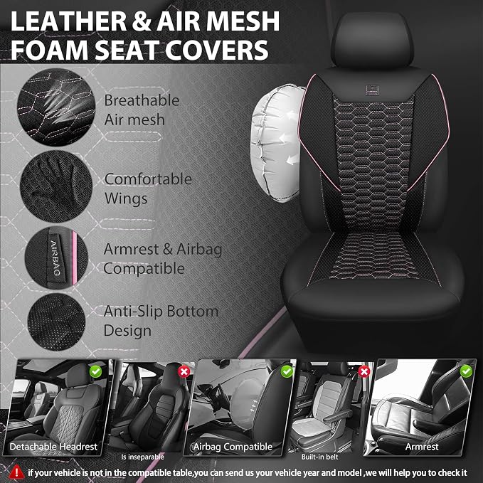 CAR PASS 3D Foam Mesh Leather Car Seat Covers Front Seats,Breathable Mesh Front Seat Covers for Women,Universal Fit for Cars SUV Truck Sedan Van Automotive, Armrest Airbag Compatible,Black and Pink
