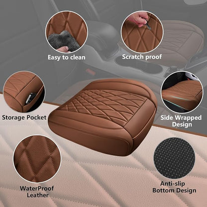CAR PASS 2 Pack Leather Front Car Seat Covers, Bottom Seat Covers Full Wrapped with Storage Pocket, Anti-Slip Leather Seat Protectors,Waterproof Seat Cushion Pad Universal Fit Sedan SUV Truck, Brown