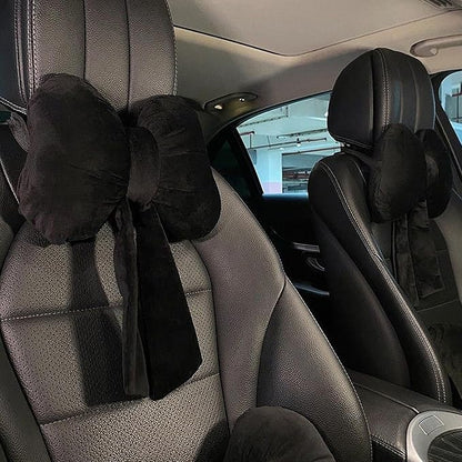 Car Neck Pillow 2PCS Plush Bowknot Car Headrest Pillow – Comfortable Neck Support for Driving Soft Touch Fabric Car Pillow Cute Interior Decor (Black)