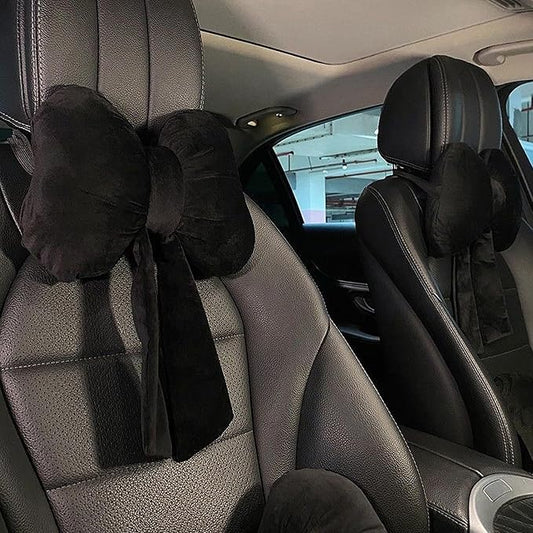 Car Neck Pillow 2PCS Plush Bowknot Car Headrest Pillow – Comfortable Neck Support for Driving Soft Touch Fabric Car Pillow Cute Interior Decor (Black)