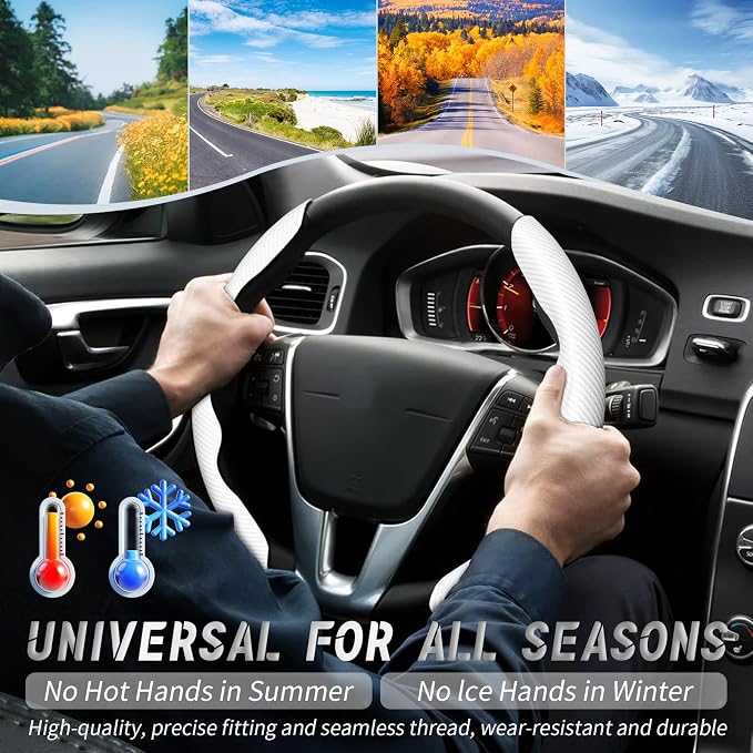 WOCOCN 2pcs Car Steering Wheel Cover,Anti-Skid Carbon Fiber Steering Wheel Protector for Men Women,Multiple Color Options,Universal for Most Car Interiors Accessories (White)