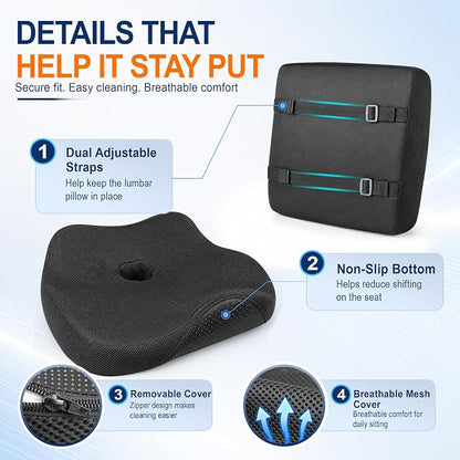 Allaboutsla Seat Cushion & Lumbar Support Pillow Set: Ergonomic Memory Foam Seat Cushion and Back Support for Pain Relief, Butt Cushions and Lumbar Pillow for Car, Office Chair, Gaming - Black