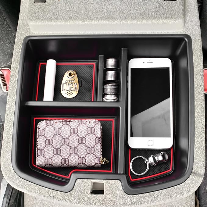 HGWEI Center Console Organizer Compatible with 2007-2014 Chevy Silverado GMC Sierra Avalanche Tahoe Suburban Yukon Yukon XL Accessories, Floor Mounted Center Console ONLY,Red Trim