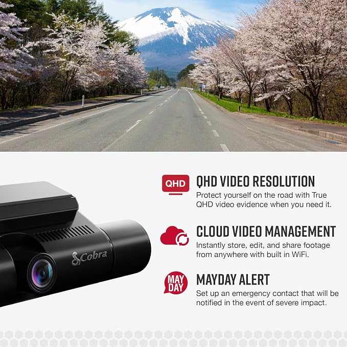 Cobra Smart Dual View Front and Cabin Dash Cam (SC 220C) - QHD 1440P Resolution, 360 Alerts, Parking Live View, Incident Reports, Emergency MayDay, 16 GB SD Card Included, CarPlay & Android Auto