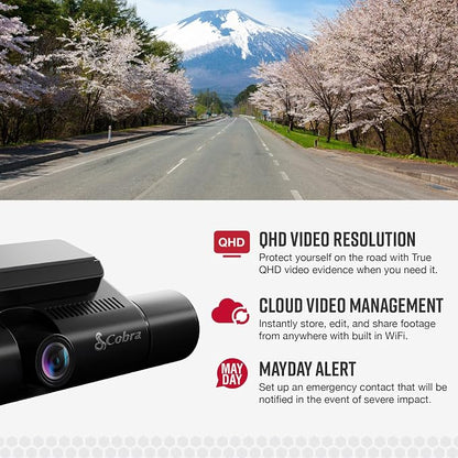 Cobra Smart Dual View Front and Cabin Dash Cam (SC 220C) - QHD 1440P Resolution, 360 Alerts, Parking Live View, Incident Reports, Emergency MayDay, 16 GB SD Card Included, CarPlay & Android Auto