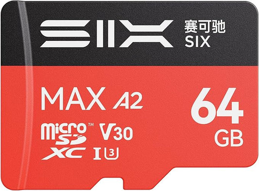 SIX M200 64GB Micro SD Card Read Up to 190MB/s for 4K UHD Continuous Recording - A2, U3, V30 microSDXC Memory Card 64GB with Adapter for Action Cameras, Drones, Gaming Consoles, Dash Cams, Phones