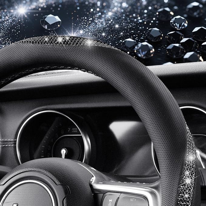 KAFEEK Sparkly Diamond Steering Wheel Cover, Bling Rhinestone Breathable Leather Car Protector, Universal 15 Inch Fit for Women Girls, Anti-Slip Comfortable, Black
