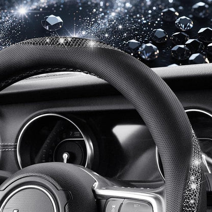 KAFEEK Sparkly Diamond Steering Wheel Cover, Bling Rhinestone Breathable Leather Car Protector, Universal 15 Inch Fit for Women Girls, Anti-Slip Comfortable, Black