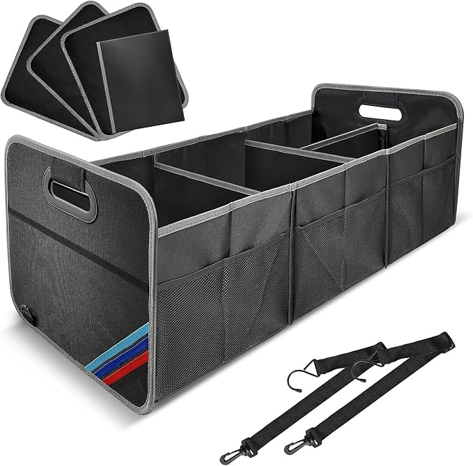 XL Car Trunk Organizer, 4 Compartments, 94L Capacity, Oxford Polyester 600D Material, Easy Fold and Store, Prevents Sliding | Rugged & waterproof large storage box. Features 94L capacity, 6 large mesh pockets & non-slip base for SUV, garage, camping