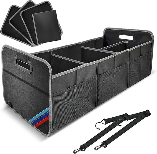 XL Car Trunk Organizer, 4 Compartments, 94L Capacity, Oxford Polyester 600D Material, Easy Fold and Store, Prevents Sliding | Rugged & waterproof large storage box. Features 94L capacity, 6 large mesh pockets & non-slip base for SUV, garage, camping