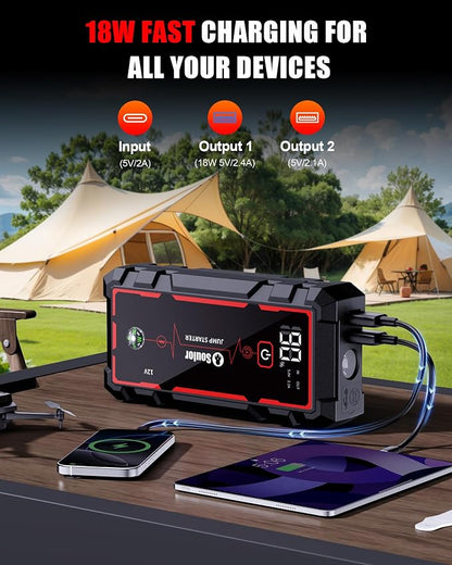 Jump Starter, Car Battery Jumper Starter Portable, Jump Box Battery Booster with 3 Modes Flashlight, Jumper Cables with Gloves