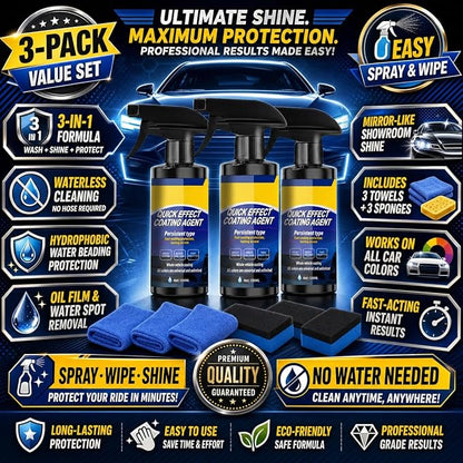 3-Pack Quick Effect Coating Agent for Car, Upgraded Car Coating Spray for Shine & Protection, Waterless Scratch Polish and Paint Shield Kit with 3 Microfiber Towels and 3 Sponges