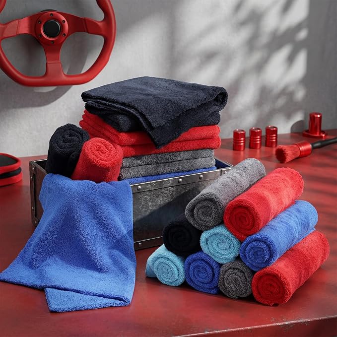 Shimeyao 30 Pcs 16 x 16 Inch Edgeless Microfiber Plush Towels for Cars Detailing Drying Wash Polishing Absorbent Cleaning Cloths, 500 GSM (Blue, Light Blue, Black, Grey, Red)