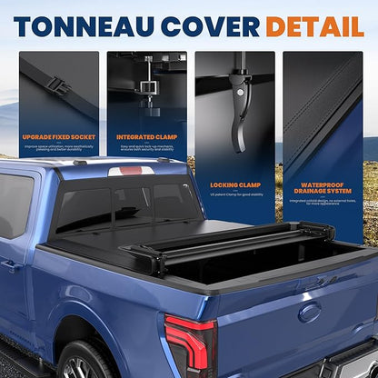 KUIPERAUTO 6.5 FT Quad 4-Fold Soft Folding Truck Bed Tonneau Cover Compatible with Ford F150 F-150 2009-2014 Styleside Fourth Fold (Excl Raptor Series) Without Utility Track System Truck Bed Cover 78“
