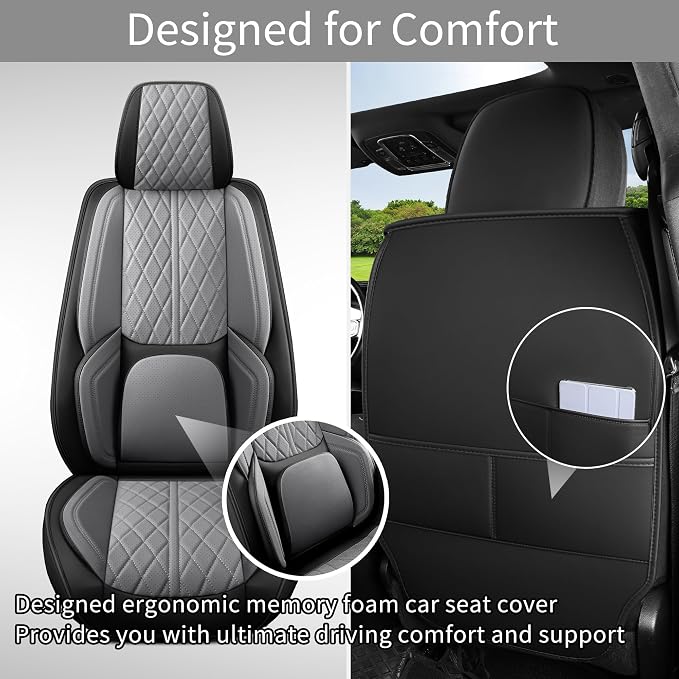Custom Fit Chevy Silverado GMC Sierra 1500 2007-2026 2500/3500 HD Crew Cab Faux Leather Front Seat Covers - 2 Pack, Waterproof & Breathable Car Seat Protector for Truck,BlackGrey