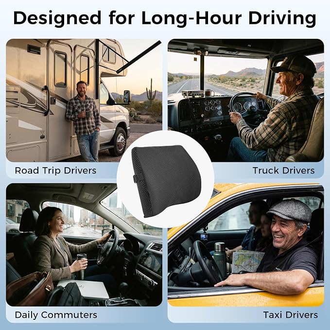 Lumbar Support Pillow for Car & Office Chair - High-Density Memory Foam Back Cushion for Sciatica & Lower Back Pain Relief - Non-Slip Support for Long Commutes & Desk Workers (Black)