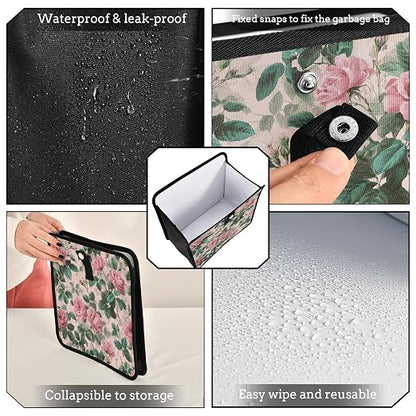 Car Trash Can Organizer Bin with Adjustable Strap for Back Front Seat Console Waterproof Leakproof Collapsible Portable 8.66 Inch Pink Vintage Roses with Leaves