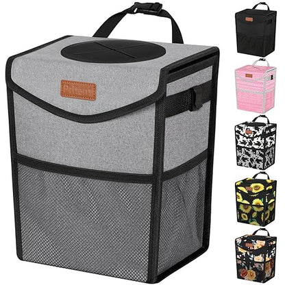 Pritent Car Trash Can with Lid, Cute Leakproof Car Trash Garbage Bag Hanging Vehicle Trash Bin Small Portable Automotive Garbage Cans Organizer for Back/Front Seat/Console(2.8 Gallons,Grey)