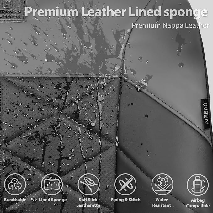 CAR PASS Memory Foam Leather Front Seat Covers, Perforated Nappa Leather Seat Covers Front Seats Universal Fit for Cars,SUV,Truck Seat Covers Thick 3D Foam Comfortable, Airbag Compatible Black Gray