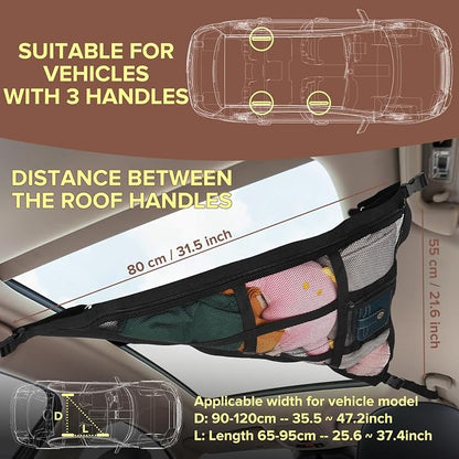 31.5"x21.6" car Ceiling Cargo net for 3-Handle & 4-Handle Vehicles, Double-Layer roof Storage Organizer, mesh car Storage for Road Trips, Camping, SUV, Jeep, 4runner, Ford, Chevy