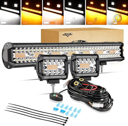 Auxbeam 20 Inch 420W LED Light Bar, 2 PCs 4 Inch 60W, 6 Modes Amber White Strobe, Spot Flood Combo Work Light with Wiring Harness