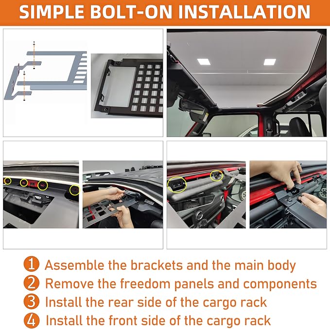 Hooke Road JL Overhead MOLLE Panel Inside Roof Storage Rack for 2018-2026 Jeep Wrangler JL & Gladiator JT 2/4 Doors Hardtop Only, Include 2 MOLLE Pouches Bags