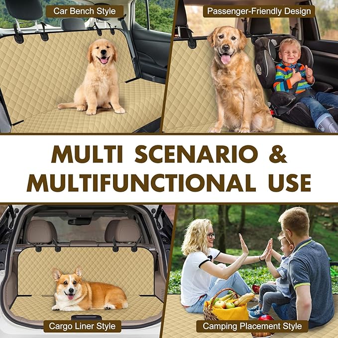 NECKORY Backseat Cover for Dogs, Waterproof and Non-Slip Pet Bench Seat Covers, Car Seat Protector for Back Seat, Universal Size Rear Car Seat Cover Fits Cars, Trucks and SUVs, L-Khaki&Black