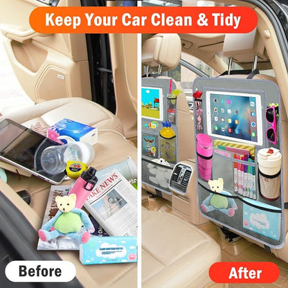 Car Backseat Organizer ，2 Pack Car Organizer Back Seat with 11" Tablet Holder, 10 Storage Pockets Seat Back Protectors Kick Mats for Kids Toddlers, Travel Accessories (Grey)