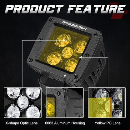 OFFROADTOWN Yellow LED Pods, 100W 2PCS 3 Inch CREE LED Cubes Light Spot Beam Off Road Driving Lights LED Pod Lights Square Led Cubes Yellow Fog Light Ditch Lighting for Trucks UTV ATV SUV Surron Boat