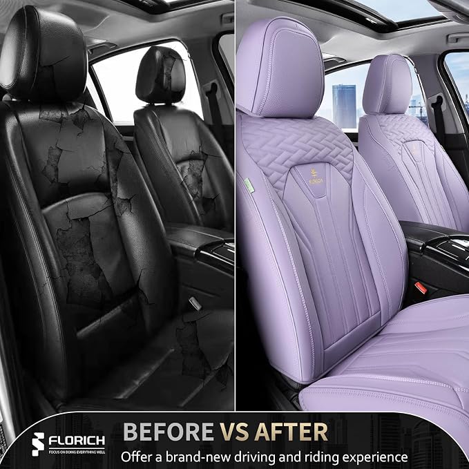 FLORICH Car Seat Covers, Leather Front Seat Cover, Purple Waterproof Seat Covers, Automotive Seat Cover 2 Pack, Luxury Universal Seat Cushion Car Seat Protector Fit for Most Cars Trucks SUVs