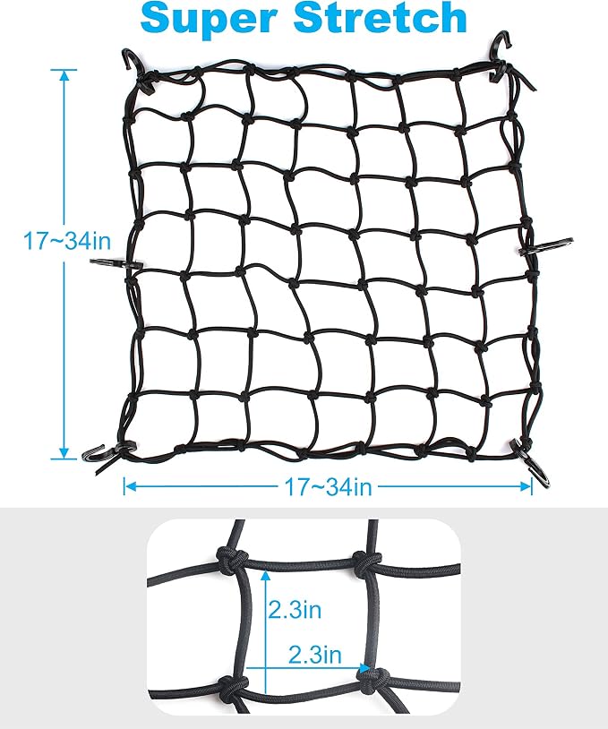 2 Pack Black Cargo Nets, Heavy Duty Latex 17"X17" Bungee Net Stretches to 34"x34", Gear Helmet Luggage Net with Tight 2.3"x2.3" Mesh & 12 Adjustable Plastic Hooks for Motorcycle, Bike, ATV