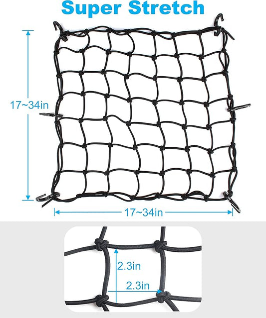 15.7"x15.7" Cargo Net, Heavy Duty Bungee Net Stretches to 31.5"x31.5", Gear Helmet Luggage Thicken Netting with 3"x3" Small Mesh & 6 Adjustable Metal Hooks for Motorcycle, Bike, ATV