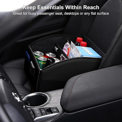 Car Storage Organizer [2025 UPDATED] Leather Car Caddy Basket for Front Seat Floor Back Seats Metal Handle 6 Compartments Adjustable Strap Buckles Slip-Resistant (Black)