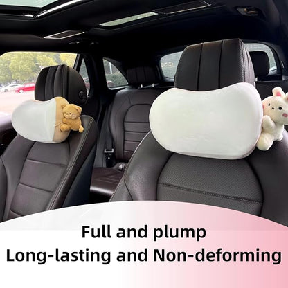 Cute Car Headrest Pillow 2PCS Bear Bunny Car Seat Neck Pillow Memory Foam Neck Support Cushions for Comfortable Driving Easy Install & Washable (Pink+Brown)