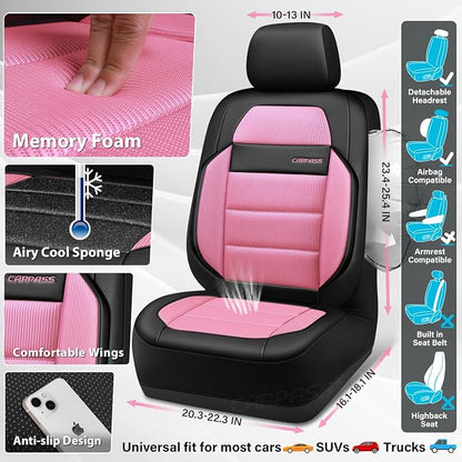 CAR PASS Memory Foam Seat Covers Full Sets, Airy Cool Mesh Thick Car Seat Covers Women, Leather Car Seat Covers 5 Seats Airbag Compatible, Universal Automotive Comfort for Cars, Trucks, SUV, Pink