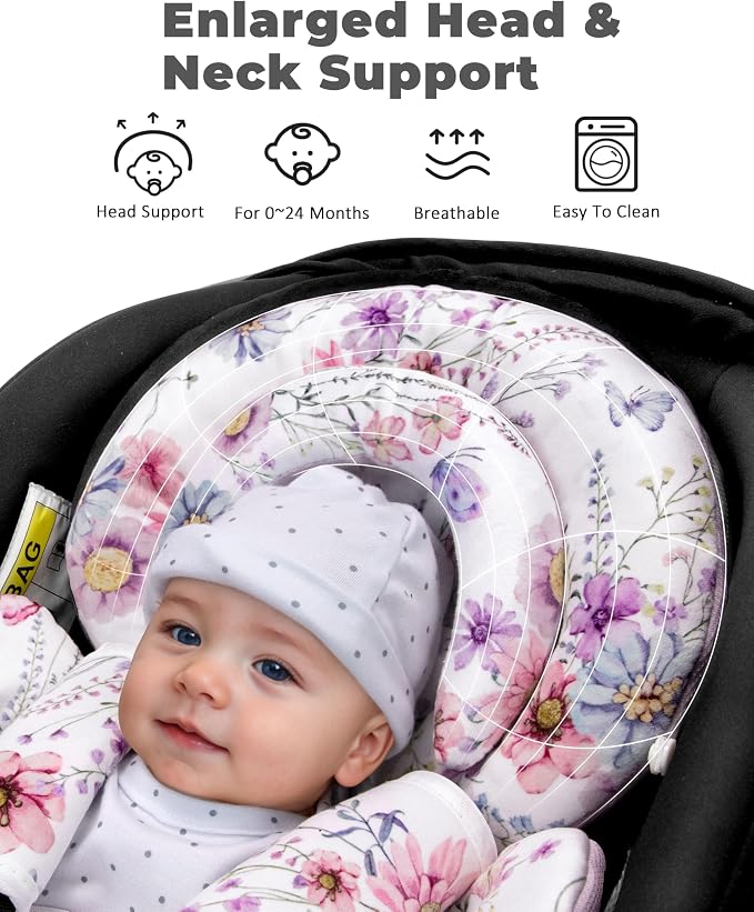 TinlyFinly Infant Car Seat Insert with Extra Cushion for Preemie to Toddler, Reversible Newborn Carseat Insert for Baby Head Body Support, Fits for Stroller, Baby Swing, Bouncer (Purple Wildflower)