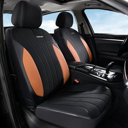 Coverado Seat Covers for Car, Leather Automotive Car Seat Covers 5 Seats, Mesh Breathable Auto Seat Protectors, Brown Seat Covers Universal Fit for SUV, Truck, Vans, Sedan