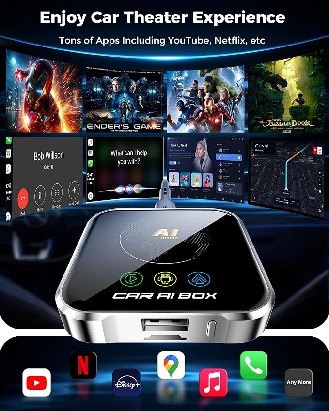 Magic AI Box Wireless CarPlay Adapter, Fast Car Video Box Plug & Play, Easy Setup, Supports Netflix/YouTube/TF Card Streaming Equalizers and More for OEM Wired CarPlay/Android Auto Cars(Smoky Gray)