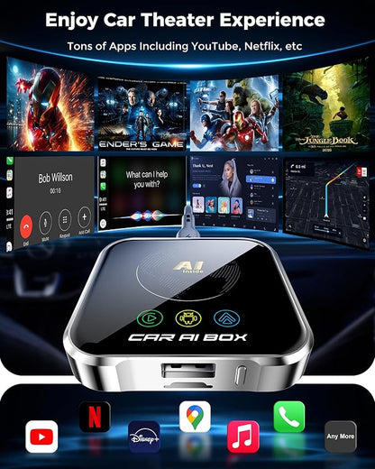 Magic AI Box Wireless CarPlay Adapter, Fast Car Video Box Plug & Play, Easy Setup, Supports Netflix/YouTube/TF Card Streaming Equalizers and More for OEM Wired CarPlay/Android Auto Cars(Smoky Gray)