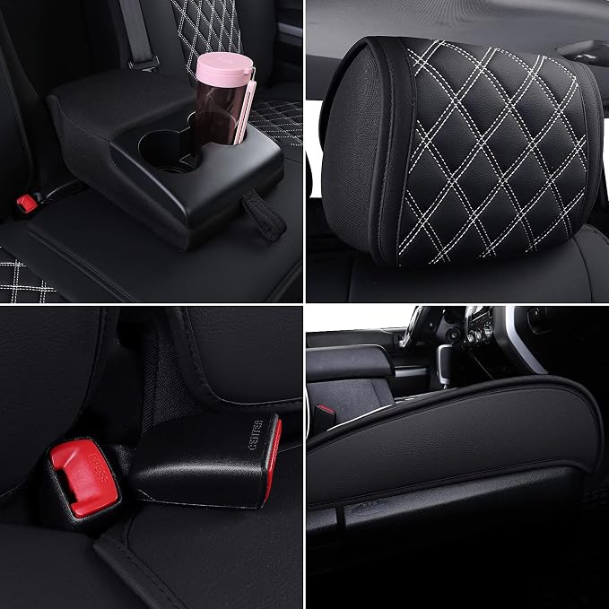YIERTAI Tundra Seat Covers Compatible with 2008-2024 2025 2026 Toyota Tundra Crewmax Double Cab SR5 Limited Platinum TRD Pro Crew Cab Truck Waterproof Leather Seat Covers(5 PCS Full Set/Black-White)