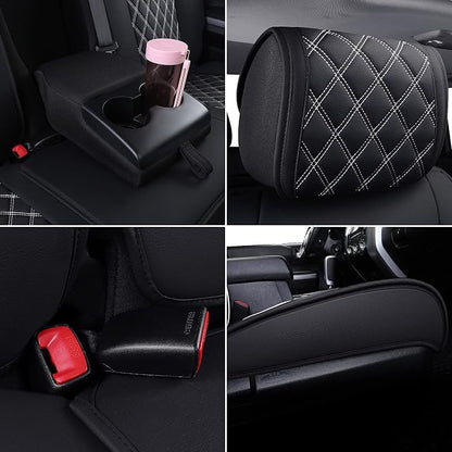 YIERTAI Tundra Seat Covers Compatible with 2008-2024 2025 2026 Toyota Tundra Crewmax Double Cab SR5 Limited Platinum TRD Pro Crew Cab Truck Waterproof Leather Seat Covers(5 PCS Full Set/Black-White)