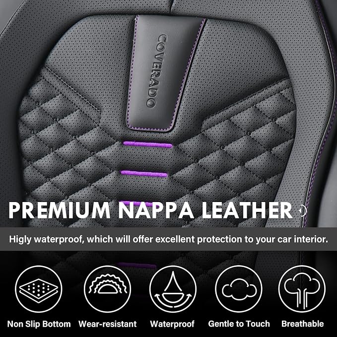 Coverado Car Seat Covers Front Seats, Nappa Leather Black&Purple Car Seat Cover, Automotive Seat Covers, Waterproof Driver Seat Protector, 2 Pack Front Seat Cover Car Seat Cushion Fit for Most Cars