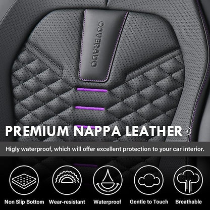 Coverado Car Seat Covers Front Seats, Nappa Leather Black&Purple Car Seat Cover, Automotive Seat Covers, Waterproof Driver Seat Protector, 2 Pack Front Seat Cover Car Seat Cushion Fit for Most Cars