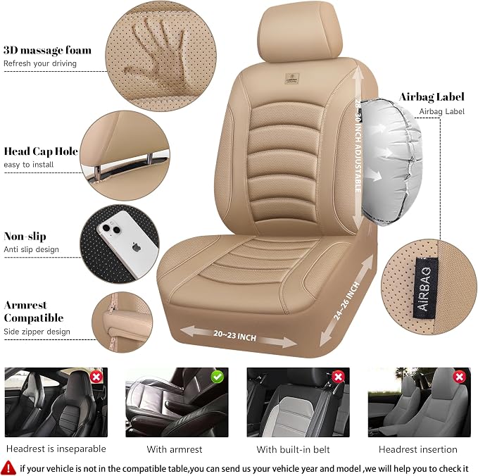 CAR PASS 3D Foam PU Leather Car Seat Covers, Universal Seat Covers Front 2 for Trucks SUV Sedan Automotive Seat Covers Armrest Airbag Compatible Waterproof Comfortable Faux Nappa Leather All Beige