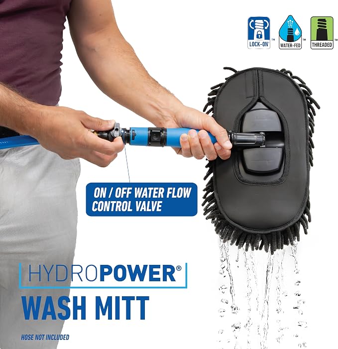 Unger 12.5” Hydropower Wash Mitt with Adjustable On/Off Water Control Valve for Car and Auto Cleaning, Absorbent Non-Scratch Microfiber Sleeve, Machine Washable, Compatible with Hose or Pole