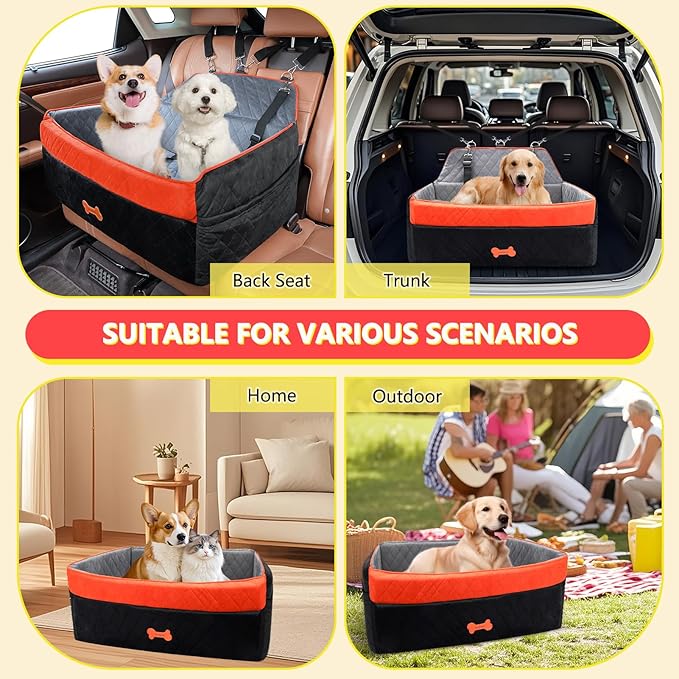 Dog Car Seat for Medium Large Dogs, Detachable Washable Pet Booster Seat with Memory Foam Cushion, Side Pockets, 2 Clip-On Safety Leashes Pet Car Seat for Dog Up to 60 lbs/2 Small Dogs-Black