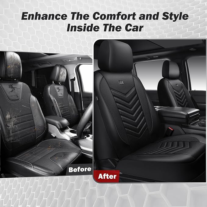 CAR PASS 3D Foam Mesh Leather Seat Covers Front Seats, Breathable Two Front Seat Cover for Cars, Comfortable Universal Fit for SUV Truck Sedan Automotive Anti-Slip Airbag Compatible, All Black