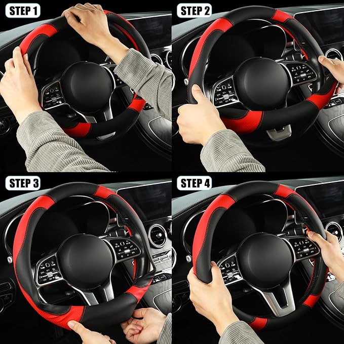Microfiber Leather Steering Wheel Cover, Breathable, Anti Slip, 13.5 inch to 14 inch, Black with Red